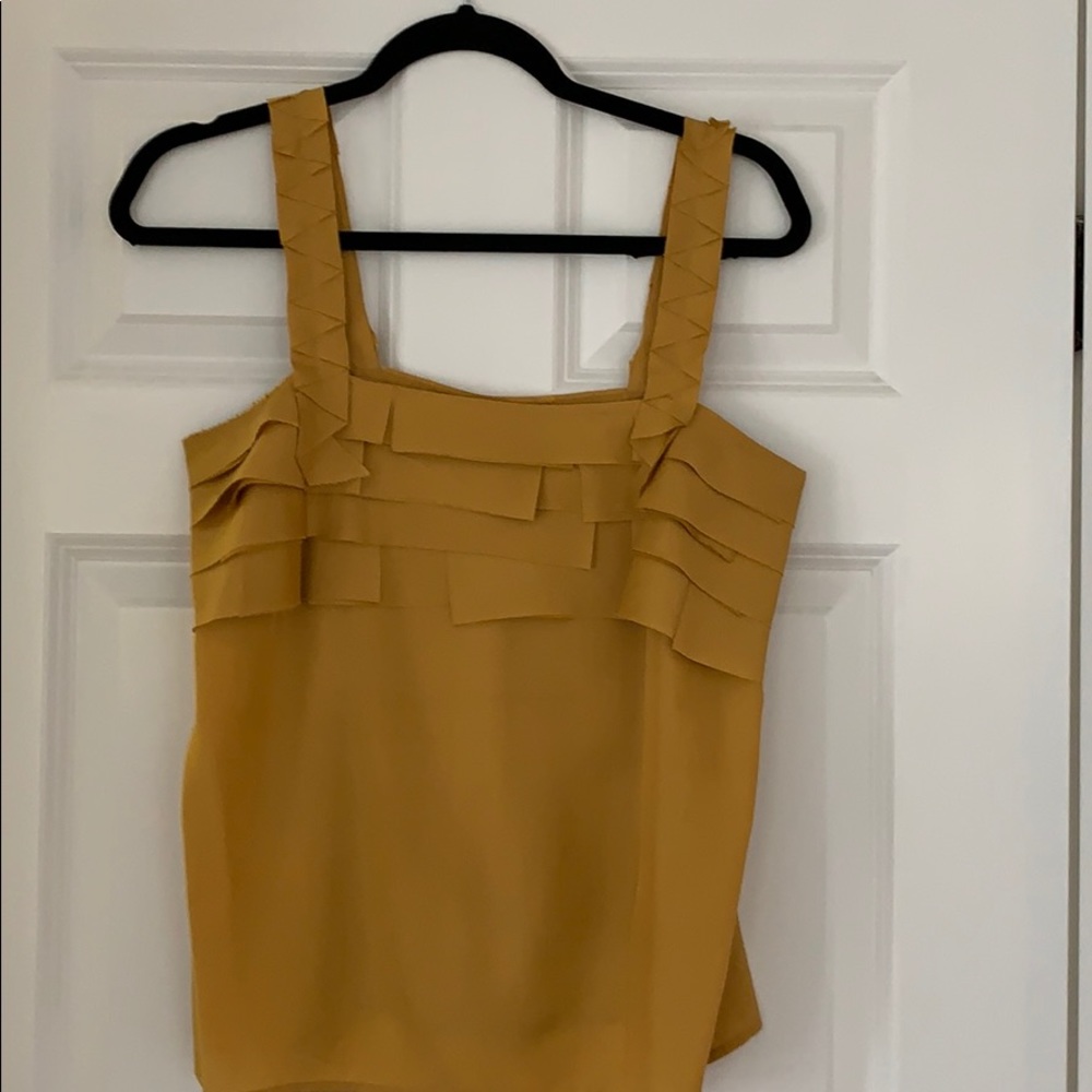 JCrew mustard silk cami with pleat ruffle detail